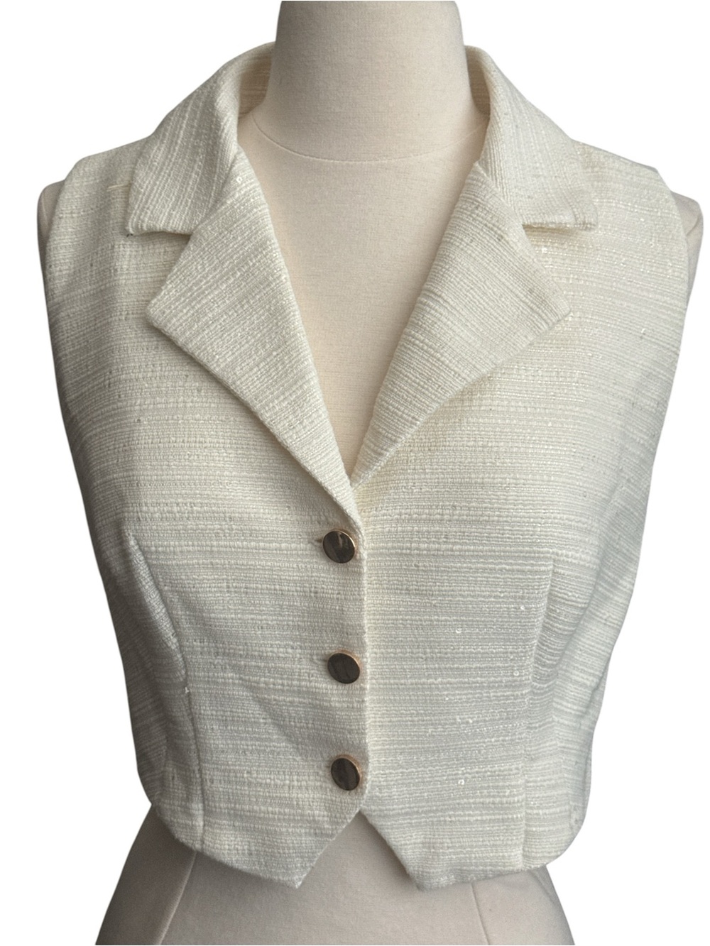 Sleeveless Cream Tweed Button-Front Vest